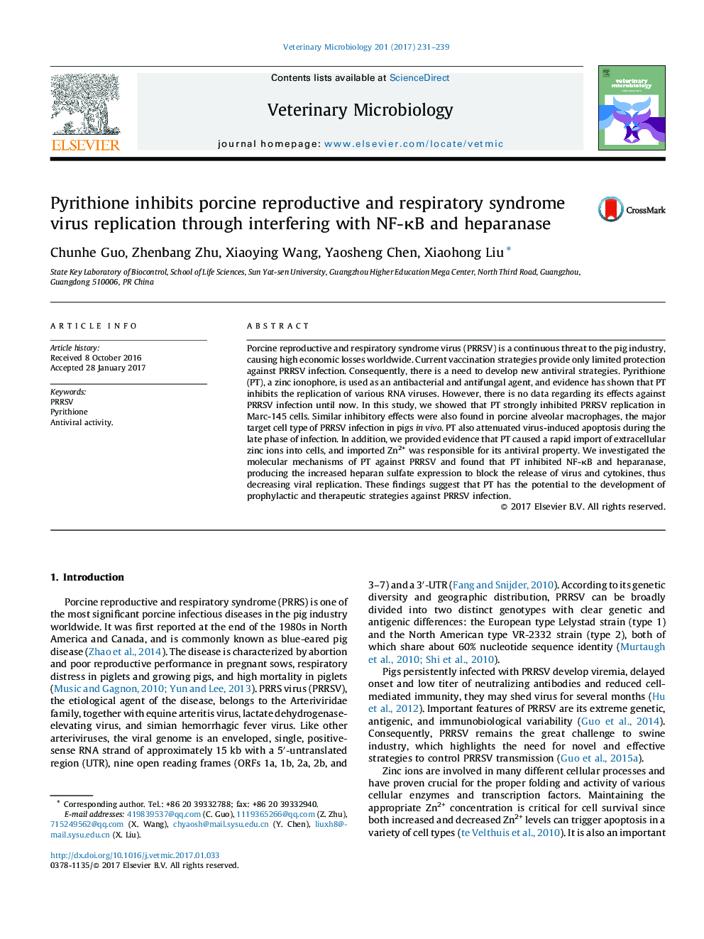 Pyrithione inhibits porcine reproductive and respiratory syndrome virus replication through interfering with NF-ÎºB and heparanase