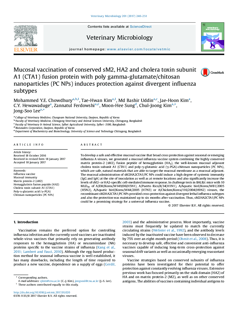 Mucosal vaccination of conserved sM2, HA2 and cholera toxin subunit A1 (CTA1) fusion protein with poly gamma-glutamate/chitosan nanoparticles (PC NPs) induces protection against divergent influenza subtypes