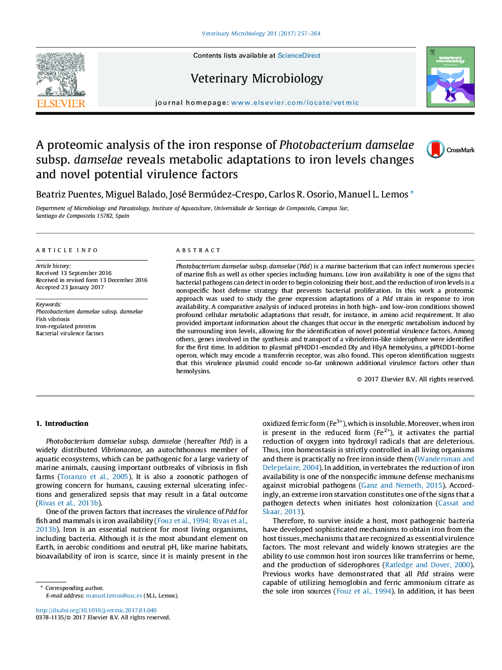 A proteomic analysis of the iron response of Photobacterium damselae subsp. damselae reveals metabolic adaptations to iron levels changes and novel potential virulence factors