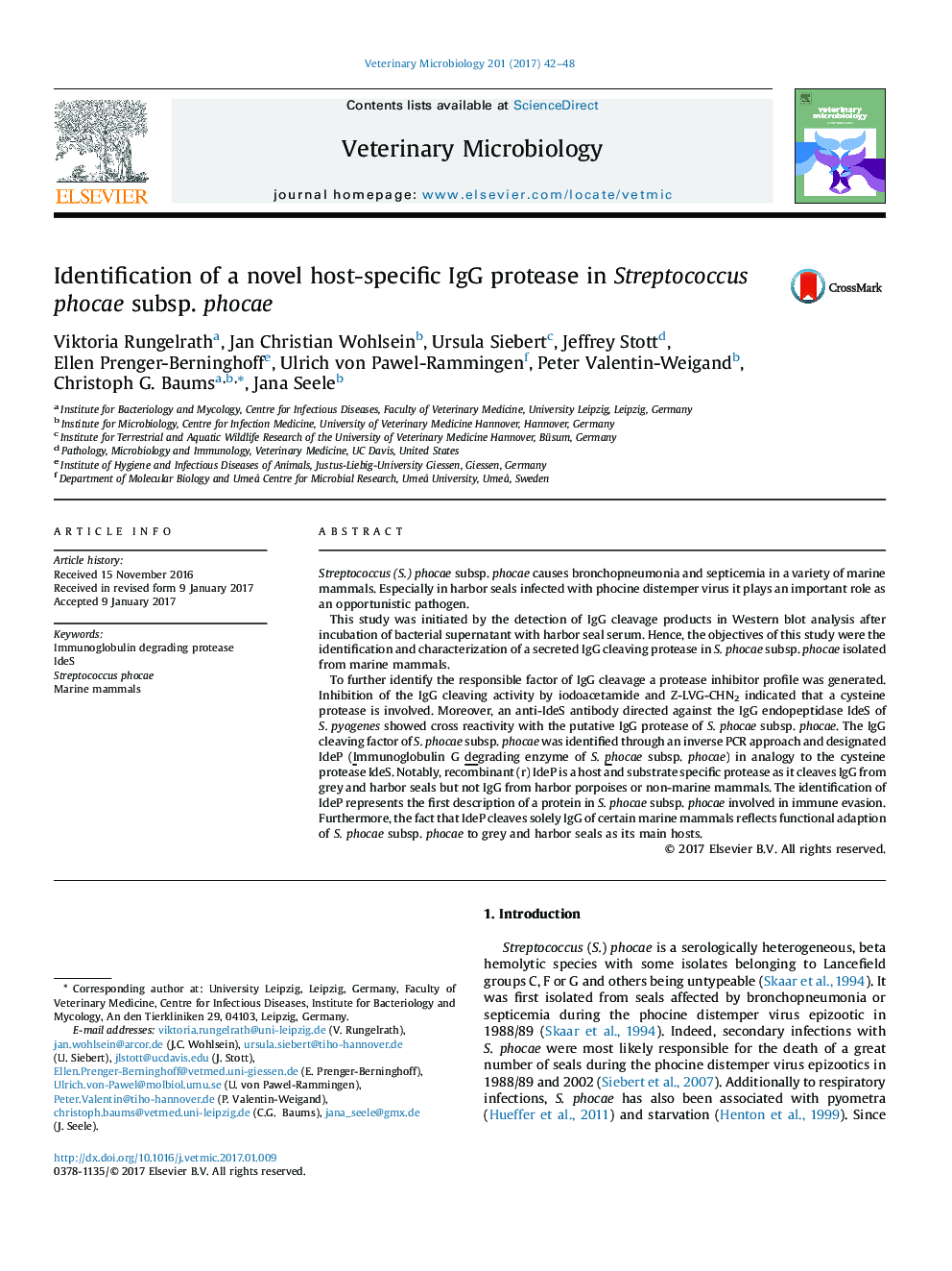 Identification of a novel host-specific IgG protease in Streptococcus phocae subsp. phocae