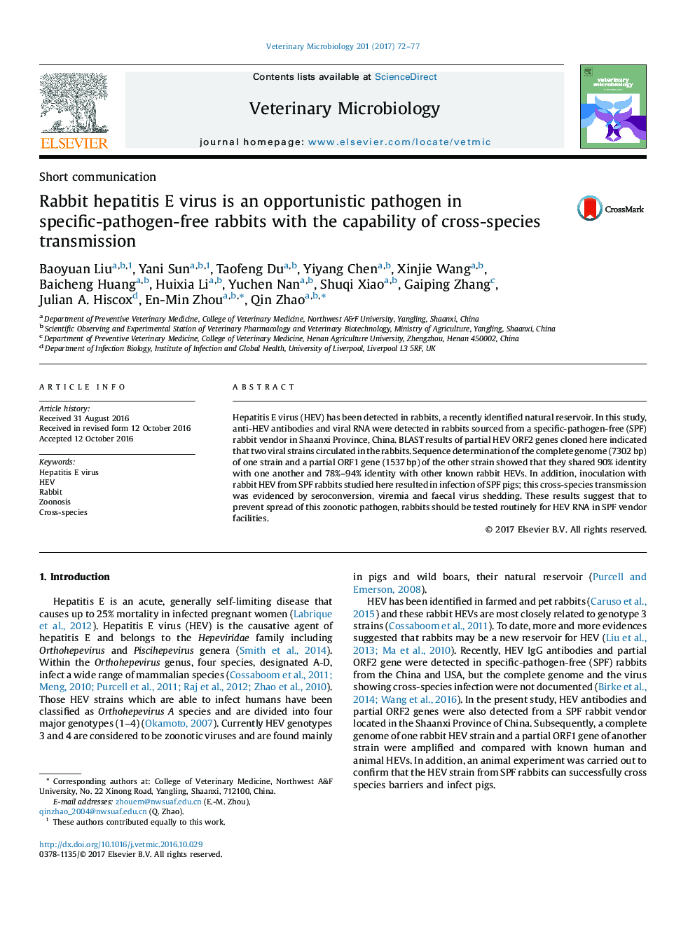 Rabbit hepatitis E virus is an opportunistic pathogen in specific-pathogen-free rabbits with the capability of cross-species transmission