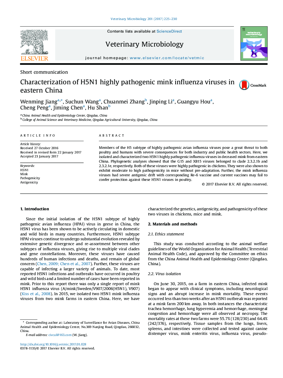 Characterization of H5N1 highly pathogenic mink influenza viruses in eastern China