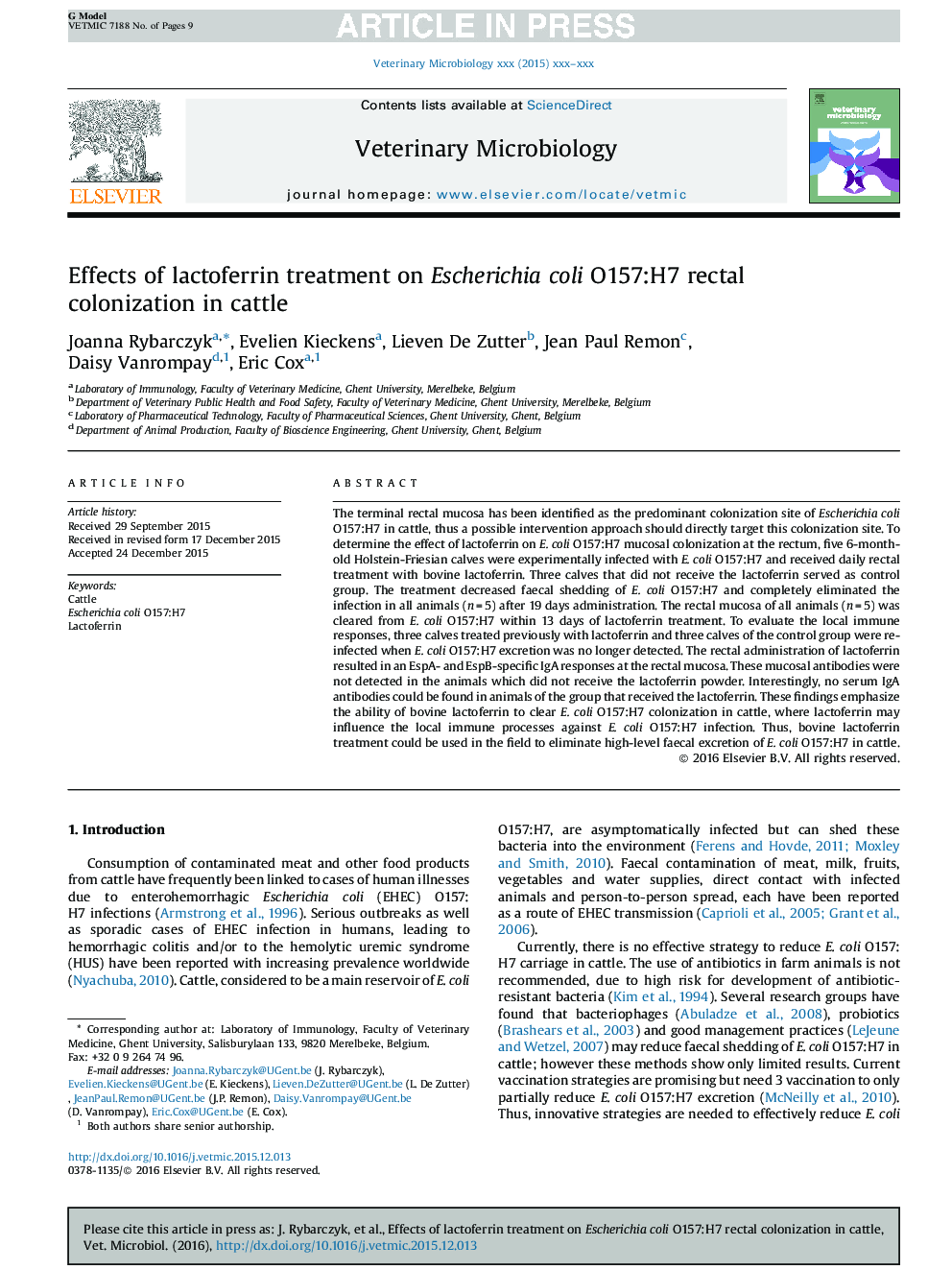 Effects of lactoferrin treatment on Escherichia coli O157:H7 rectal colonization in cattle