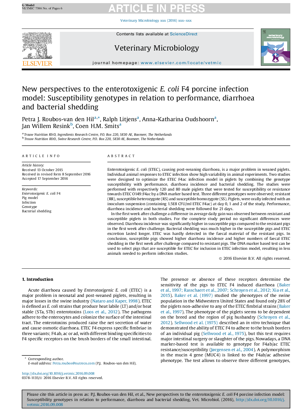 New perspectives to the enterotoxigenic E. coli F4 porcine infection model: Susceptibility genotypes in relation to performance, diarrhoea and bacterial shedding