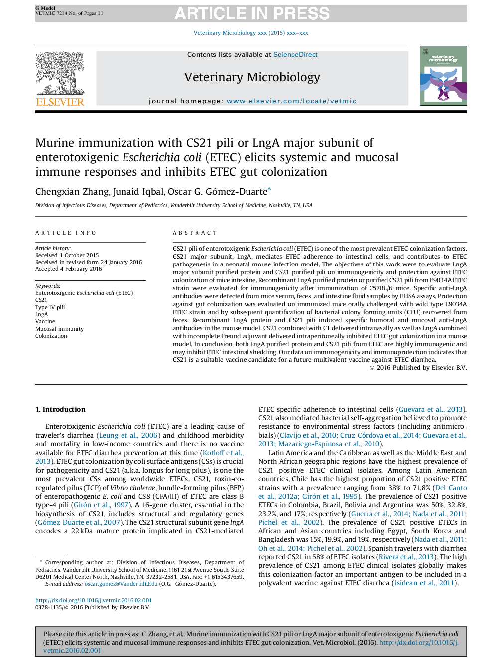 Murine immunization with CS21 pili or LngA major subunit of enterotoxigenic Escherichia coli (ETEC) elicits systemic and mucosal immune responses and inhibits ETEC gut colonization