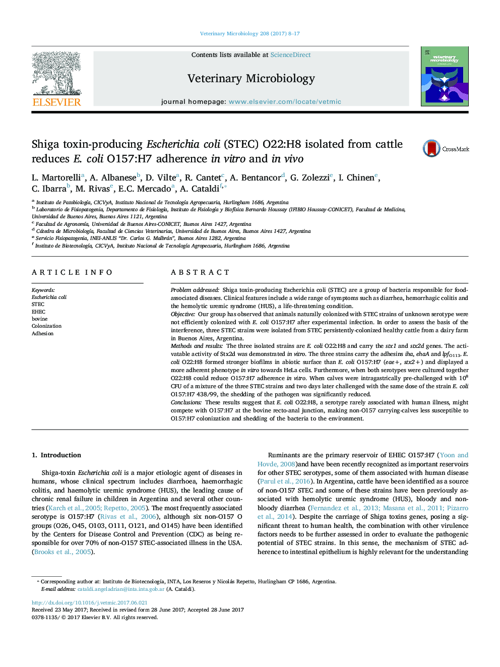 Shiga toxin-producing Escherichia coli (STEC) O22:H8 isolated from cattle reduces E. coli O157:H7 adherence in vitro and in vivo