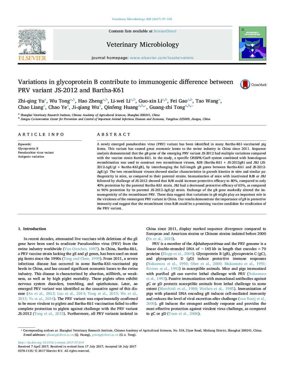 Variations in glycoprotein B contribute to immunogenic difference between PRV variant JS-2012 and Bartha-K61