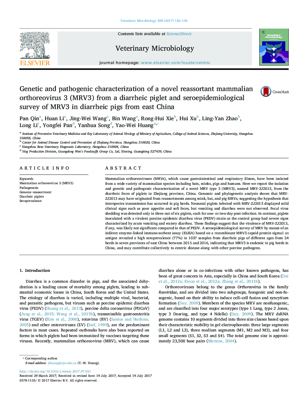 Genetic and pathogenic characterization of a novel reassortant mammalian orthoreovirus 3 (MRV3) from a diarrheic piglet and seroepidemiological survey of MRV3 in diarrheic pigs from east China