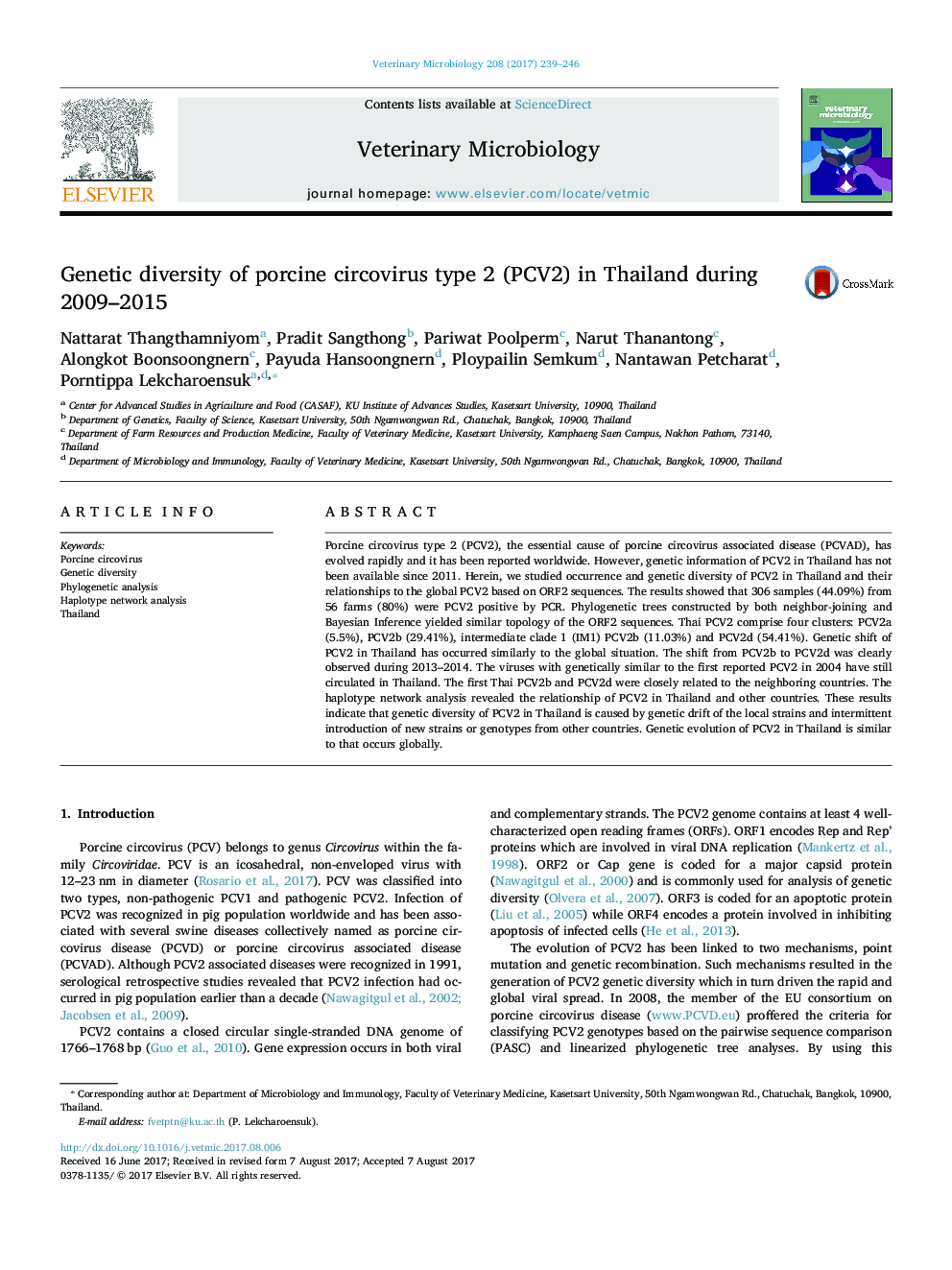 Genetic diversity of porcine circovirus type 2 (PCV2) in Thailand during 2009-2015