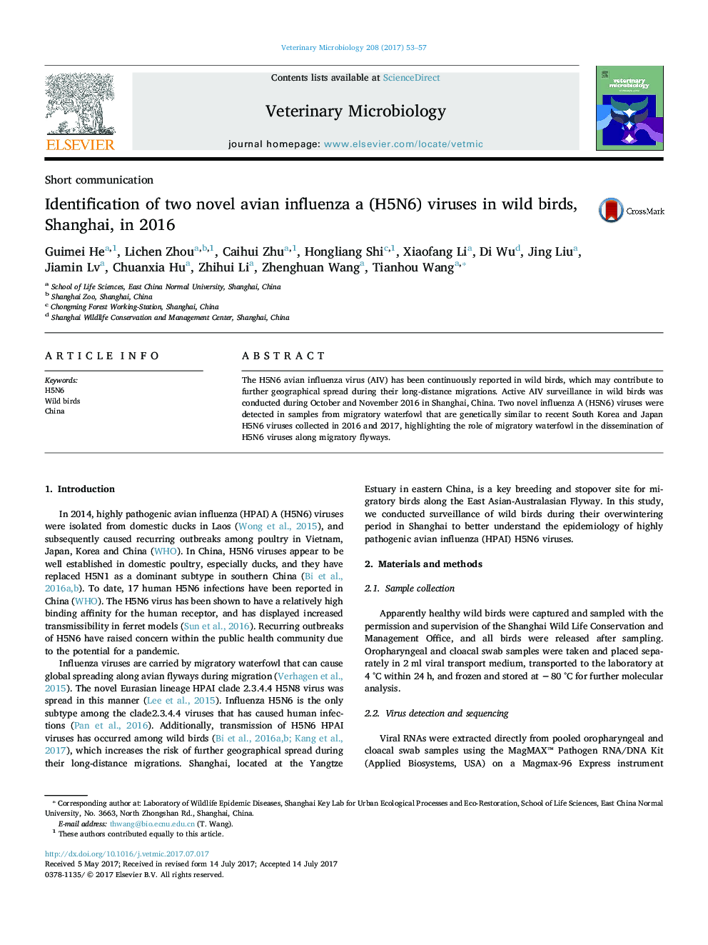 Identification of two novel avian influenza a (H5N6) viruses in wild birds, Shanghai, in 2016