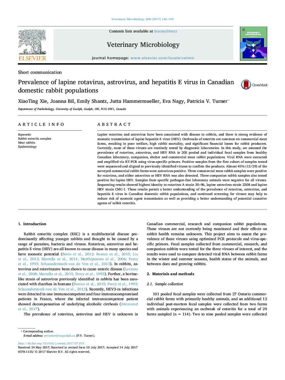 Short communicationPrevalence of lapine rotavirus, astrovirus, and hepatitis E virus in Canadian domestic rabbit populations