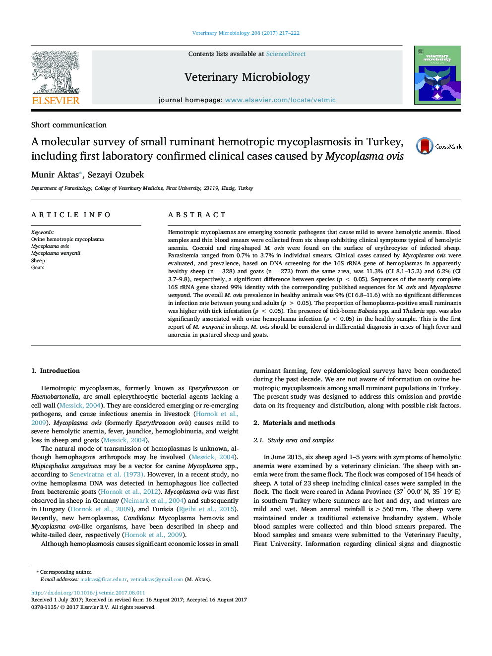 A molecular survey of small ruminant hemotropic mycoplasmosis in Turkey, including first laboratory confirmed clinical cases caused by Mycoplasma ovis