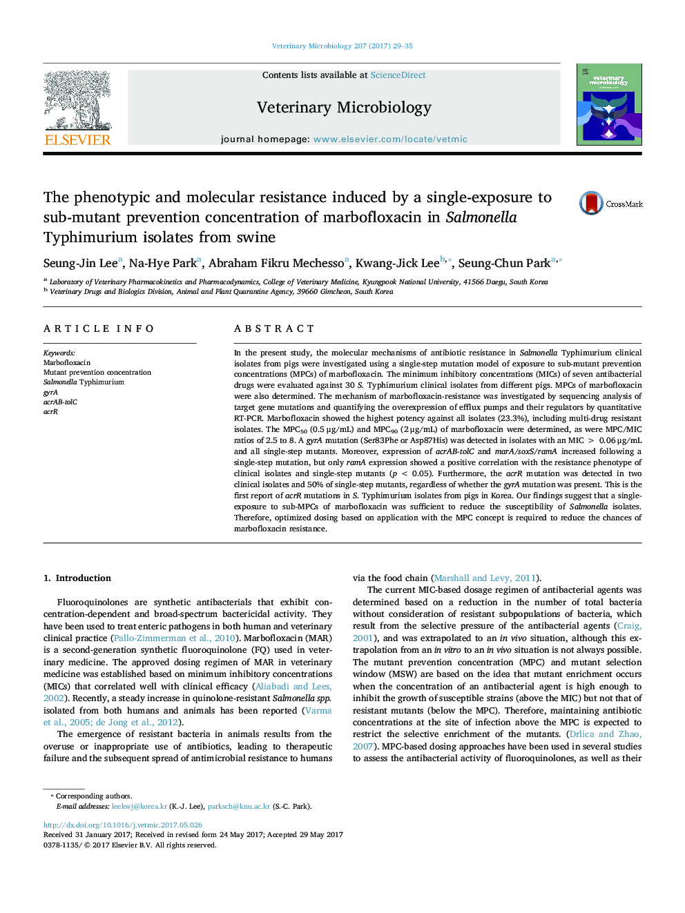 The phenotypic and molecular resistance induced by a single-exposure to sub-mutant prevention concentration of marbofloxacin in Salmonella Typhimurium isolates from swine