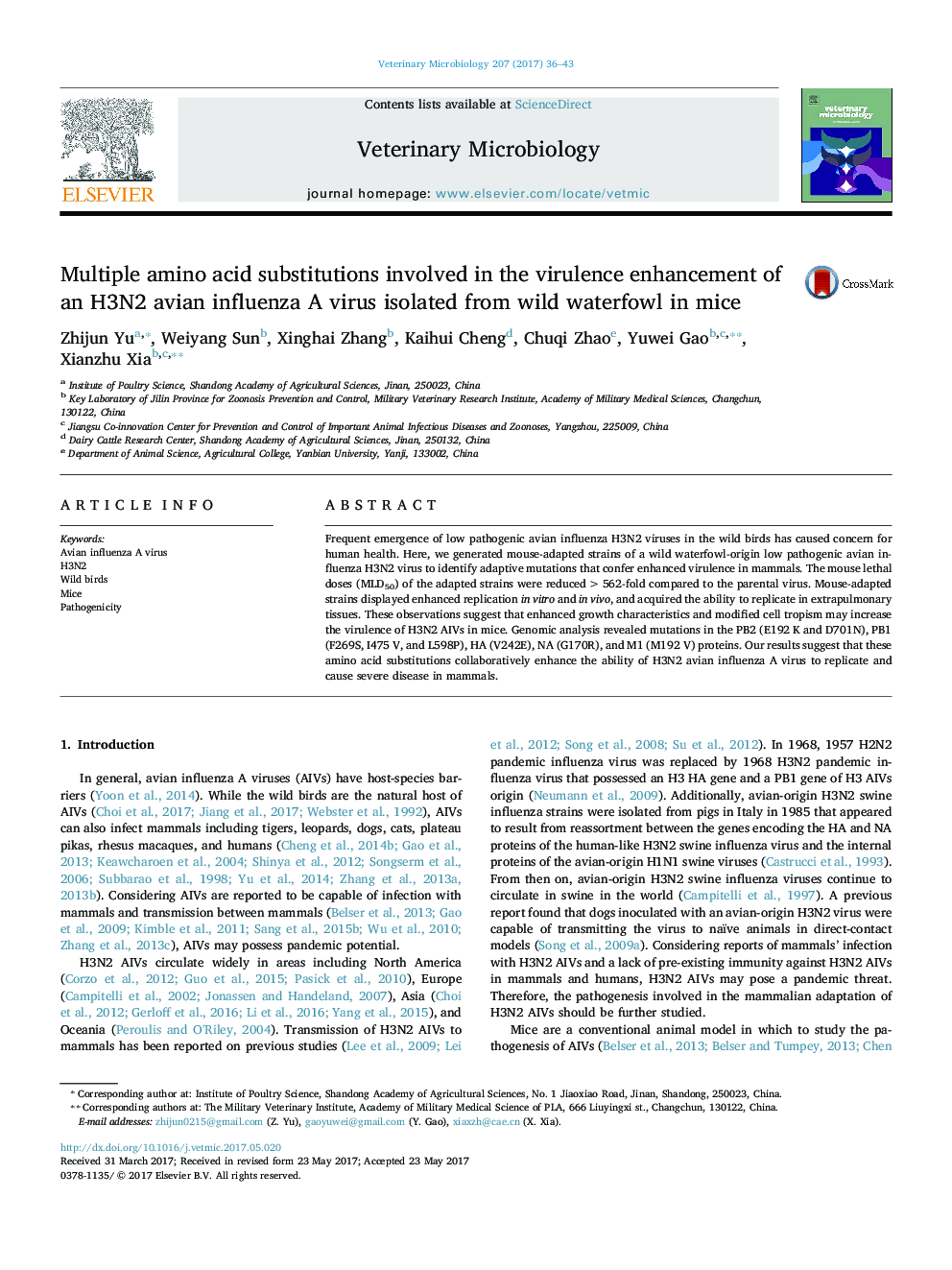 Multiple amino acid substitutions involved in the virulence enhancement of an H3N2 avian influenza A virus isolated from wild waterfowl in mice