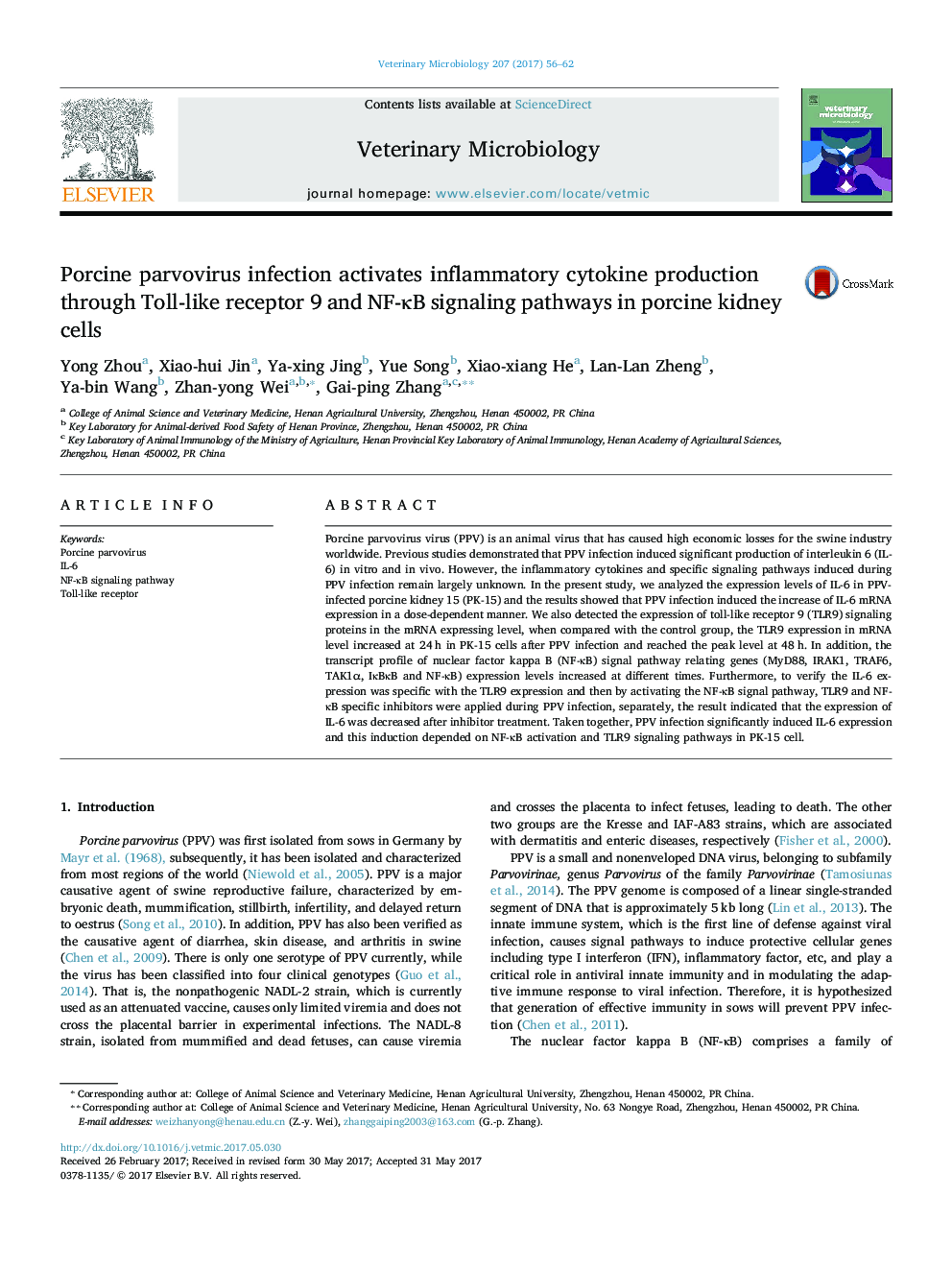 Porcine parvovirus infection activates inflammatory cytokine production through Toll-like receptor 9 and NF-ÎºB signaling pathways in porcine kidney cells