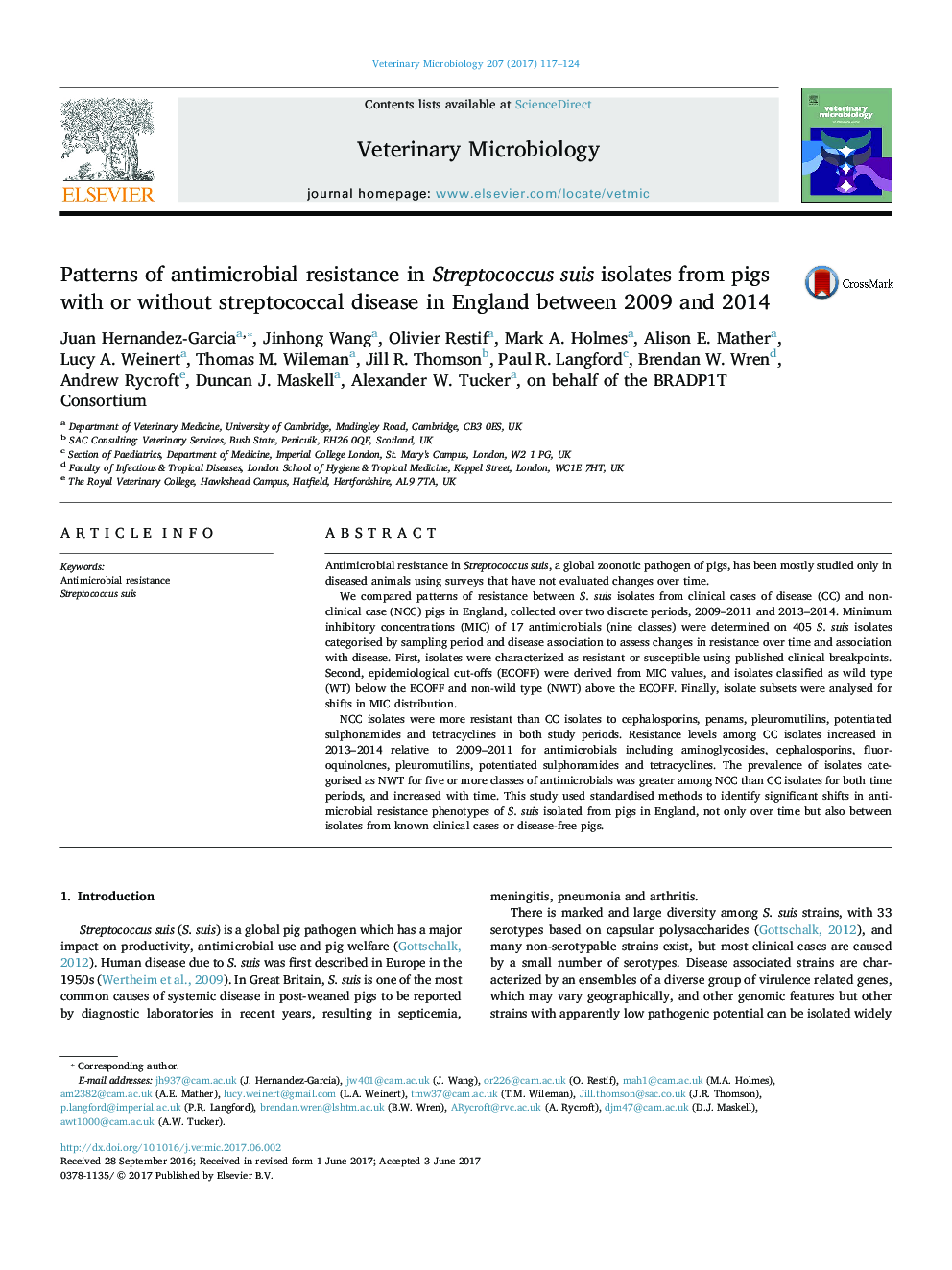 Patterns of antimicrobial resistance in Streptococcus suis isolates from pigs with or without streptococcal disease in England between 2009 and 2014