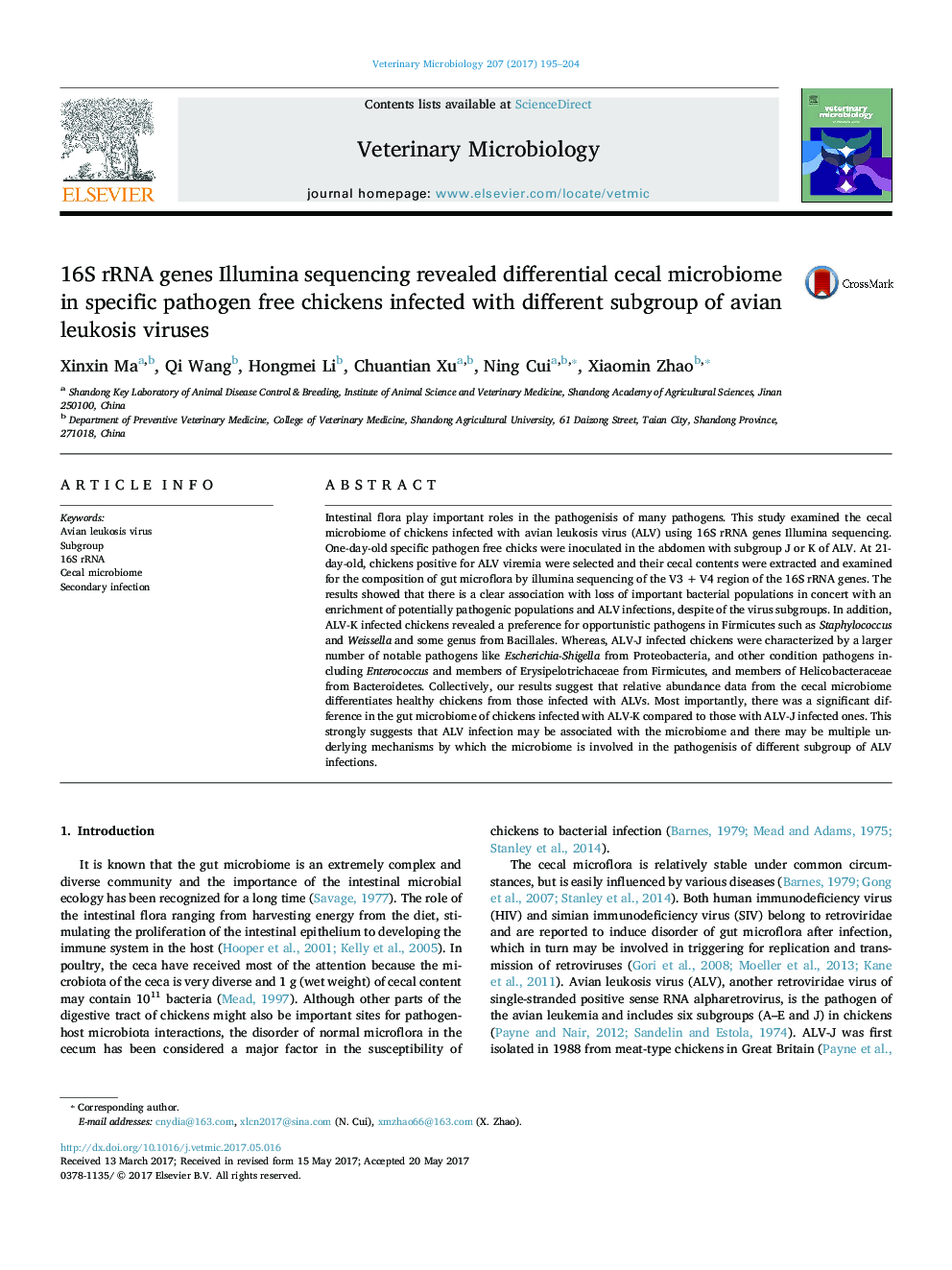 16S rRNA genes Illumina sequencing revealed differential cecal microbiome in specific pathogen free chickens infected with different subgroup of avian leukosis viruses