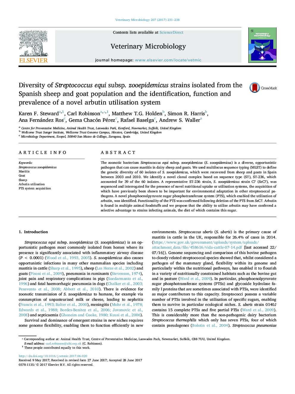 Diversity of Streptococcus equi subsp. zooepidemicus strains isolated from the Spanish sheep and goat population and the identification, function and prevalence of a novel arbutin utilisation system