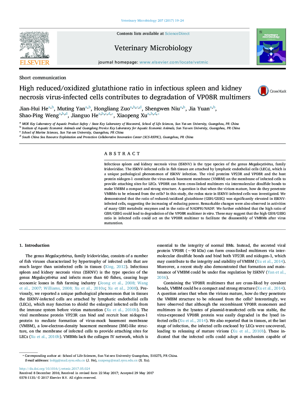 High reduced/oxidized glutathione ratio in infectious spleen and kidney necrosis virus-infected cells contributes to degradation of VP08R multimers