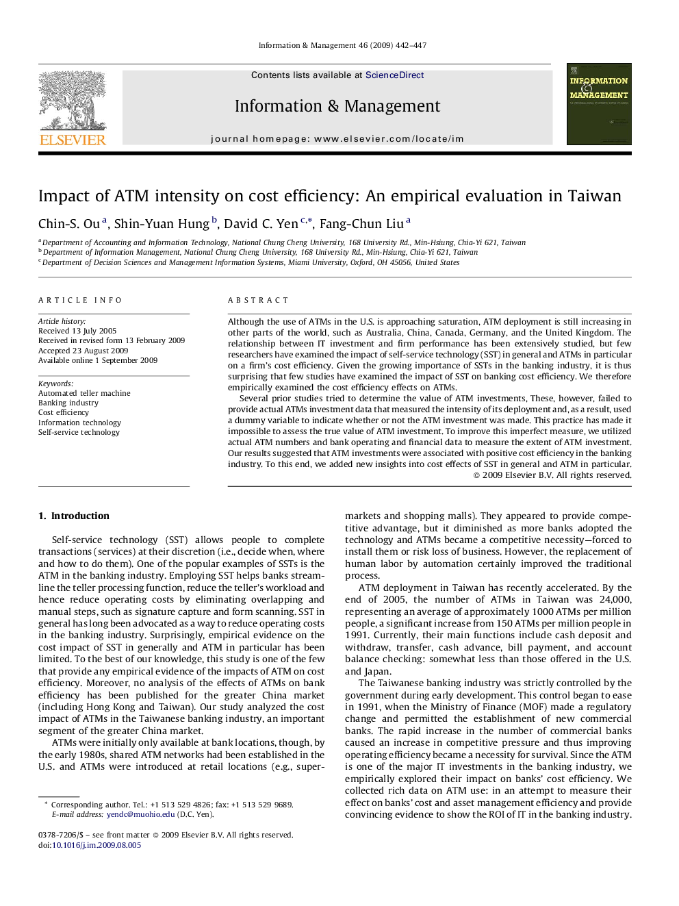 Impact of ATM intensity on cost efficiency: An empirical evaluation in Taiwan