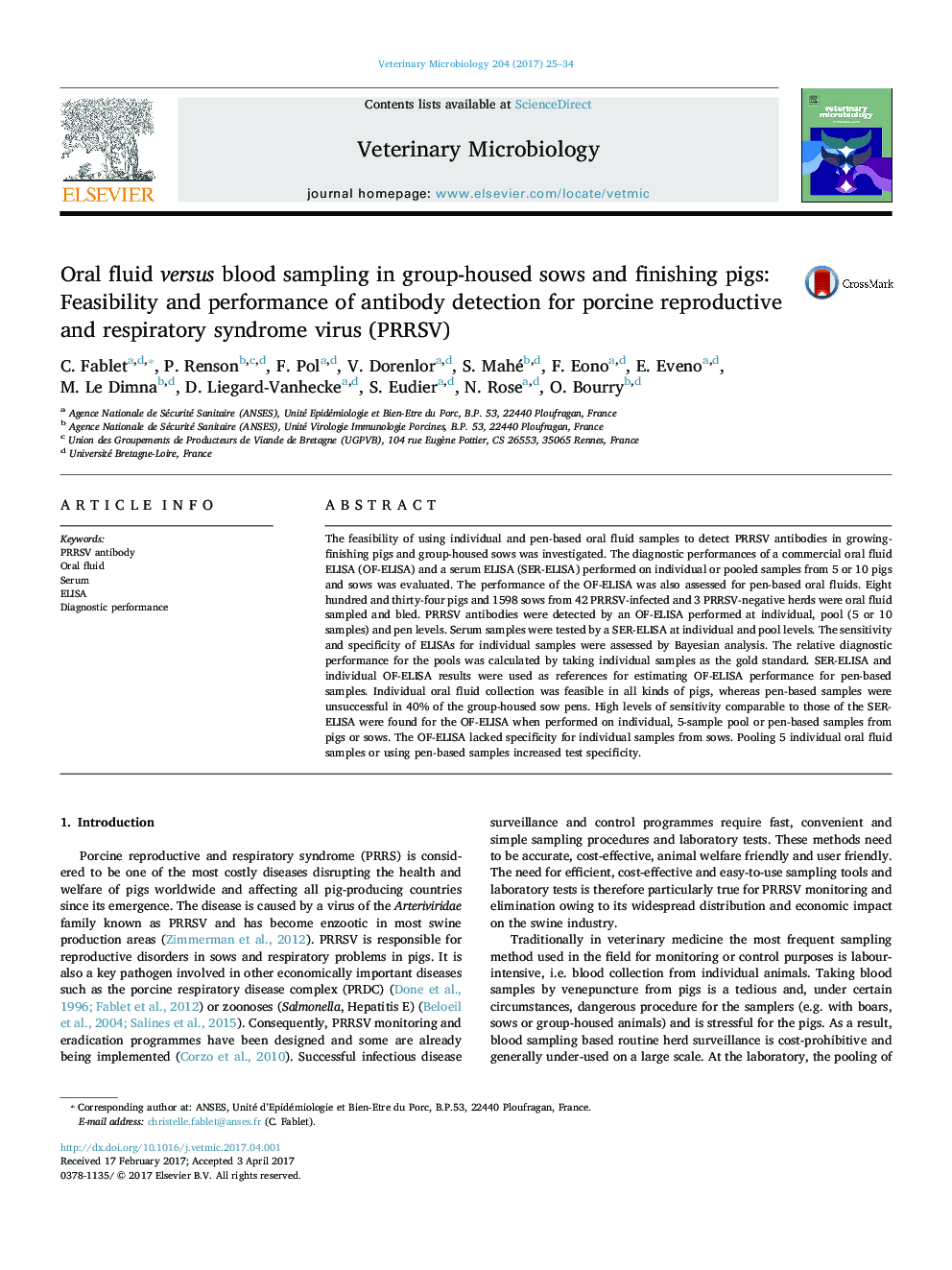 Oral fluid versus blood sampling in group-housed sows and finishing pigs: Feasibility and performance of antibody detection for porcine reproductive and respiratory syndrome virus (PRRSV)