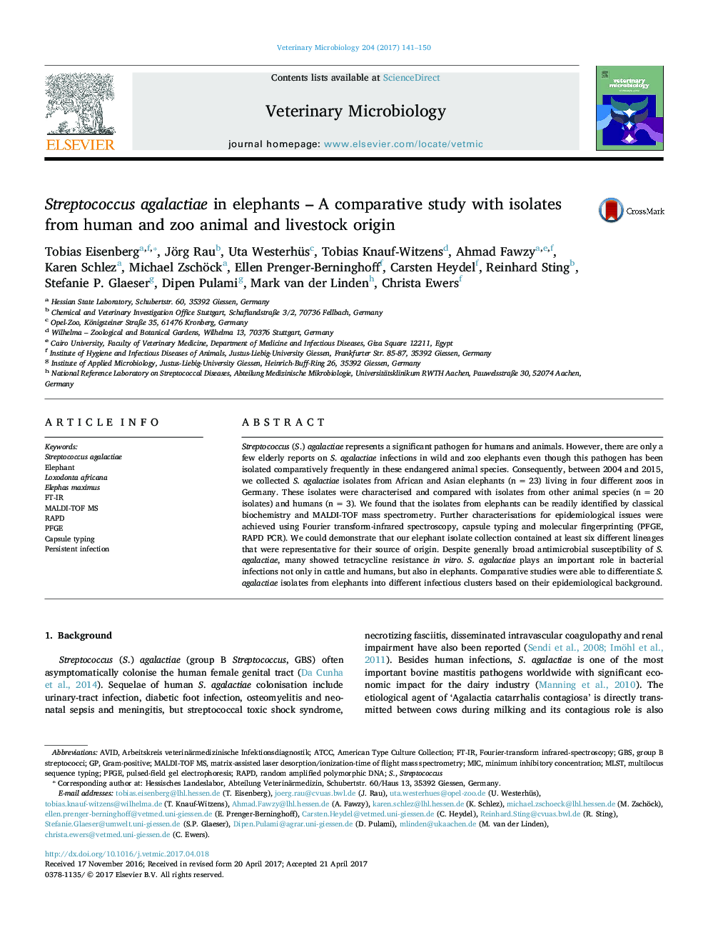 Streptococcus agalactiae in elephants - A comparative study with isolates from human and zoo animal and livestock origin