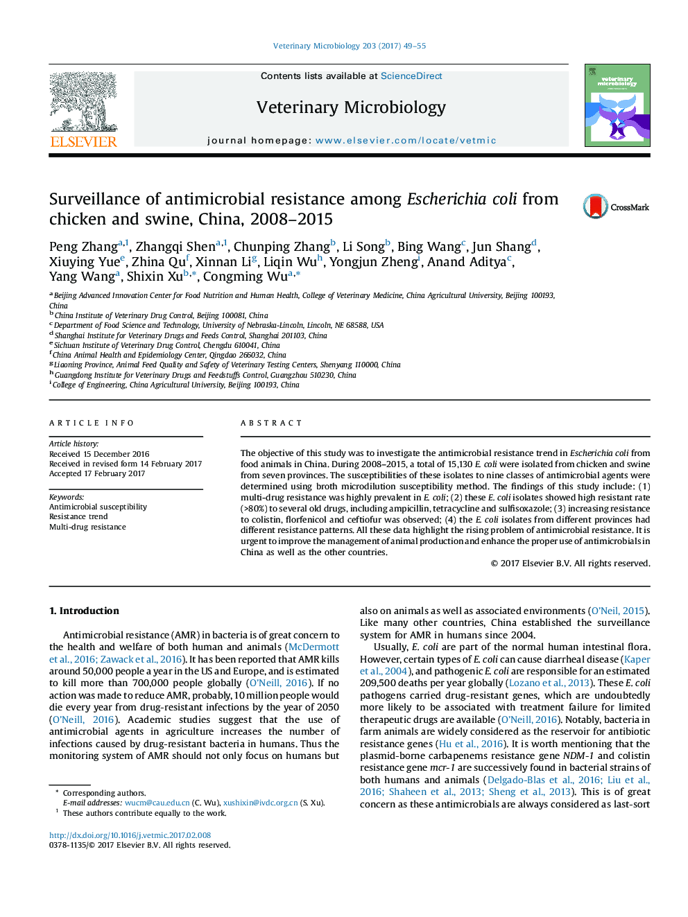 Surveillance of antimicrobial resistance among Escherichia coli from chicken and swine, China, 2008-2015