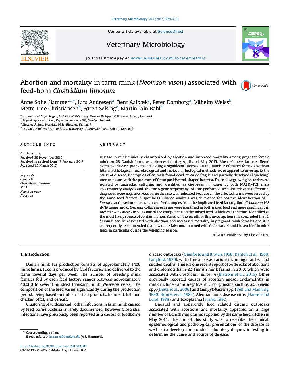 Abortion and mortality in farm mink (Neovison vison) associated with feed-born Clostridium limosum