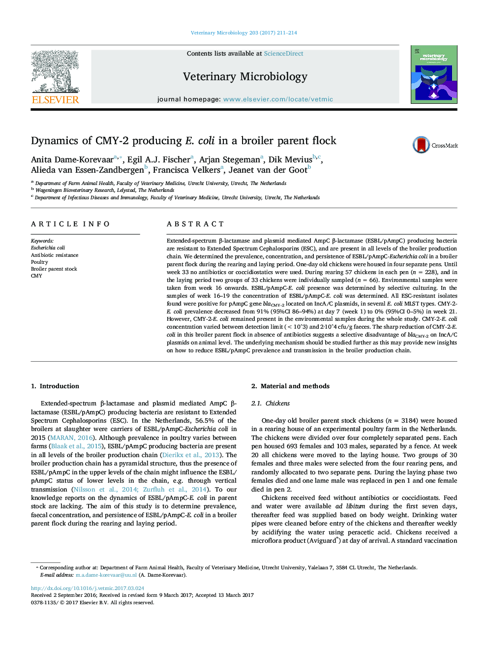 Dynamics of CMY-2 producing E. coli in a broiler parent flock