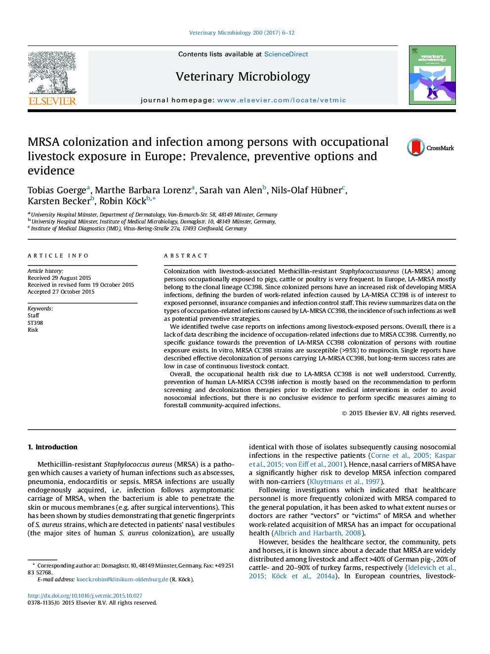 MRSA colonization and infection among persons with occupational livestock exposure in Europe: Prevalence, preventive options and evidence