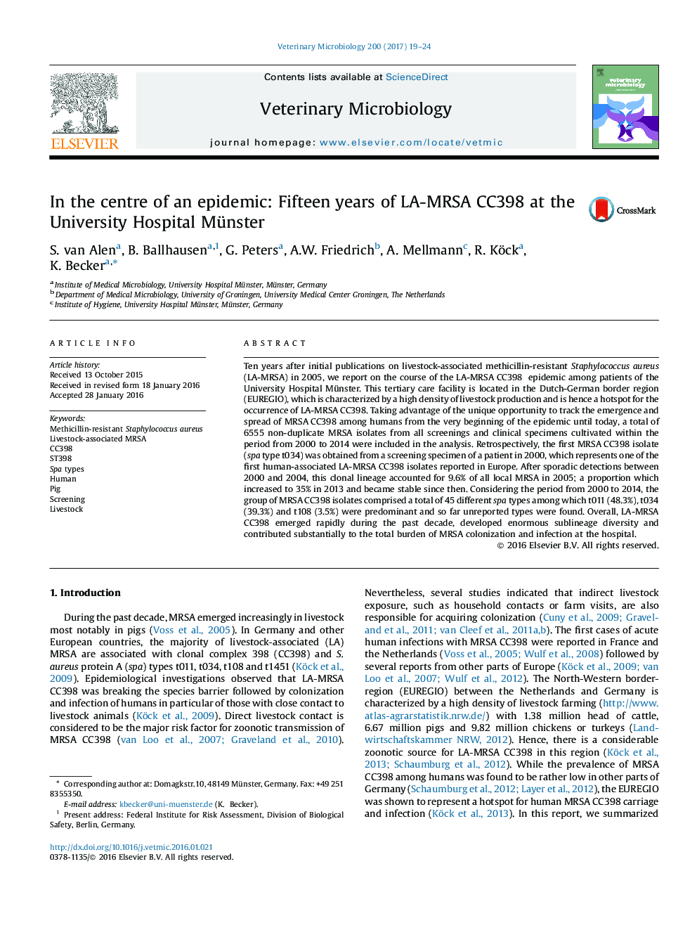 In the centre of an epidemic: Fifteen years of LA-MRSA CC398 at the University Hospital Münster