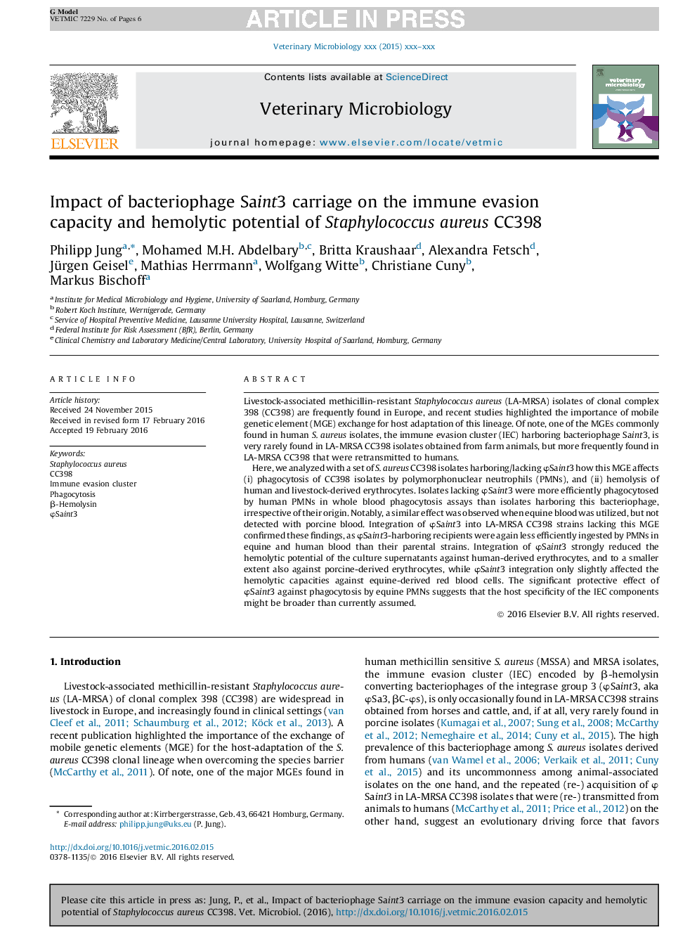 Impact of bacteriophage Saint3 carriage on the immune evasion capacity and hemolytic potential of Staphylococcus aureus CC398