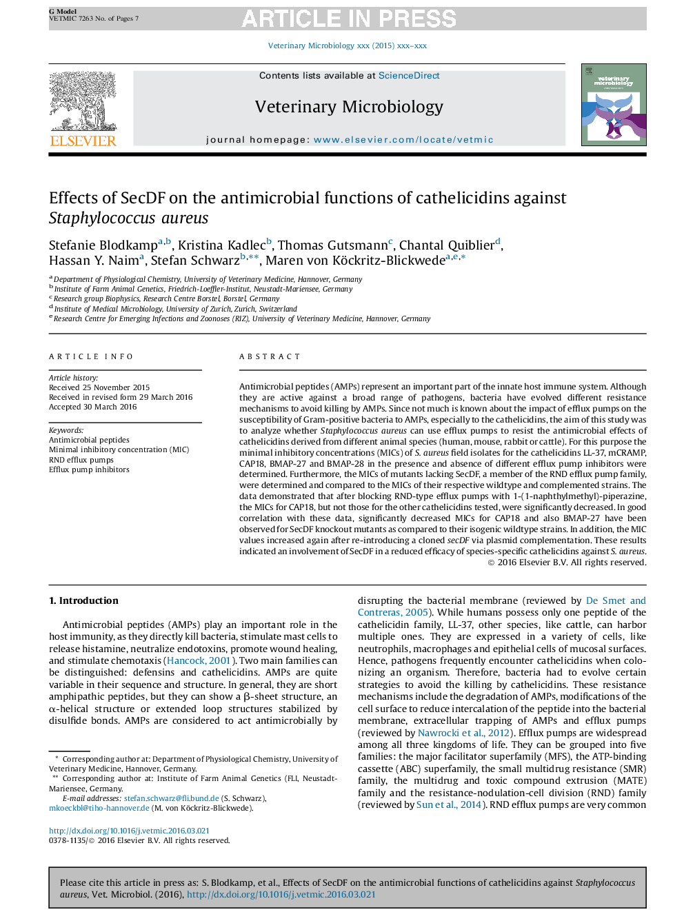 Effects of SecDF on the antimicrobial functions of cathelicidins against Staphylococcus aureus