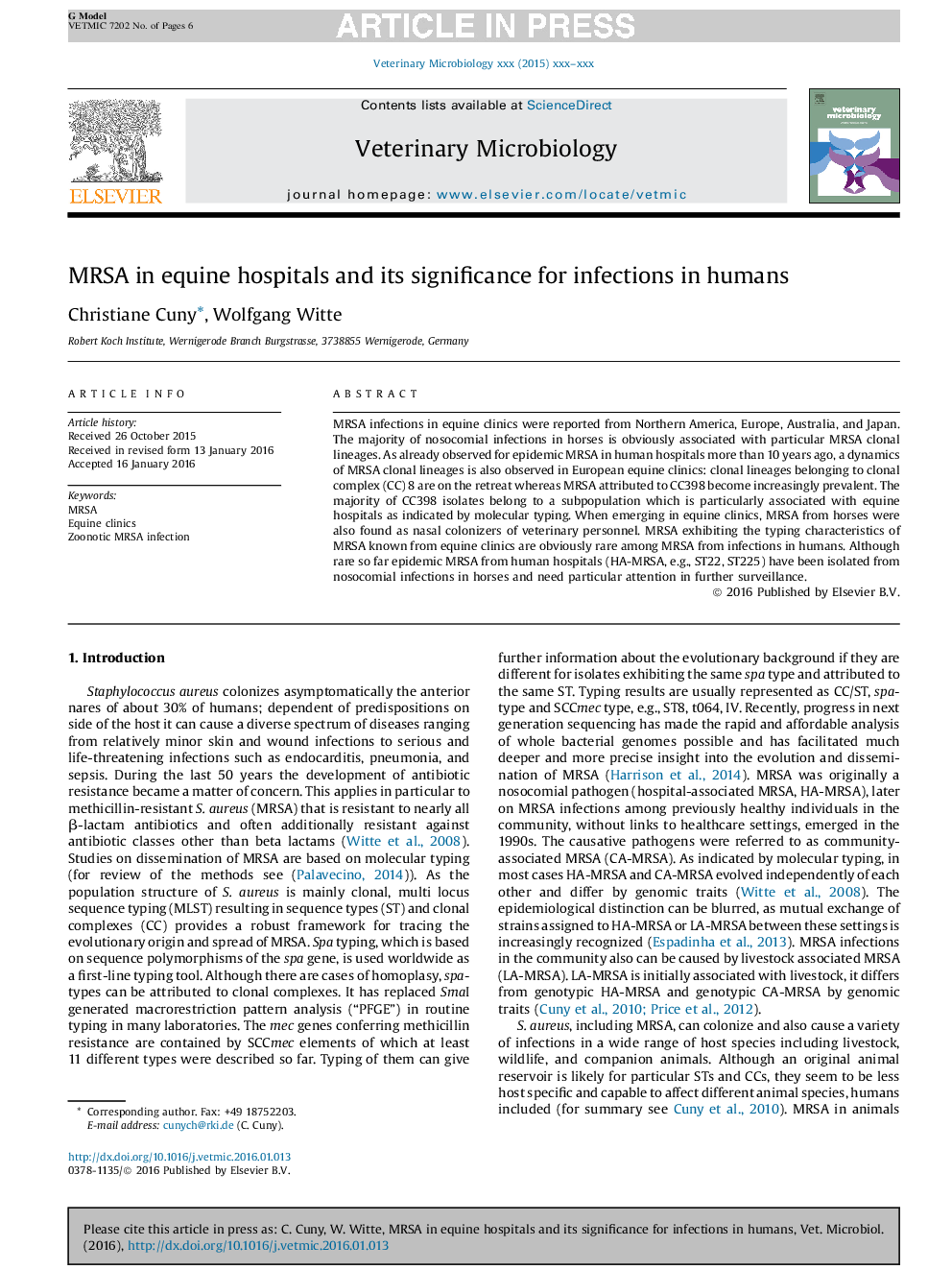 MRSA in equine hospitals and its significance for infections in humans