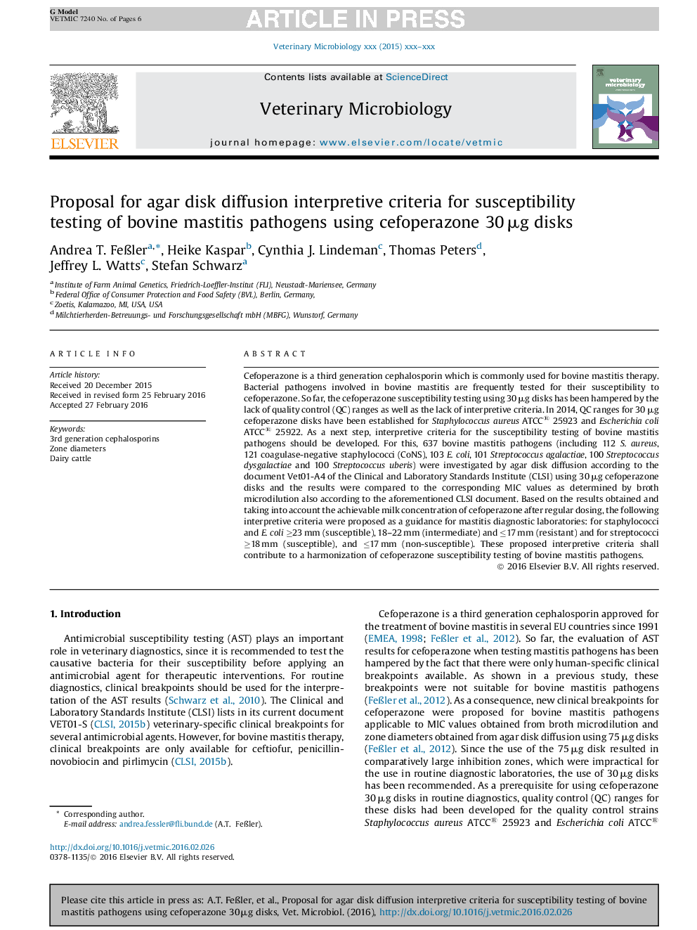 Proposal for agar disk diffusion interpretive criteria for susceptibility testing of bovine mastitis pathogens using cefoperazone 30Â Î¼g disks