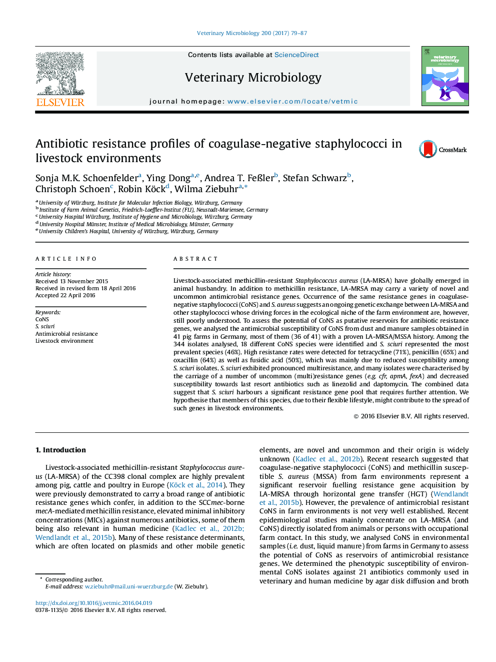 Antibiotic resistance profiles of coagulase-negative staphylococci in livestock environments