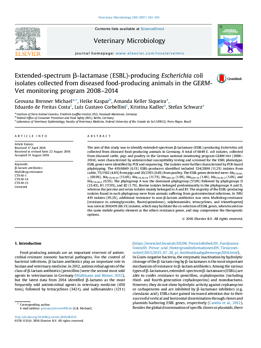 Extended-spectrum Î²-lactamase (ESBL)-producing Escherichia coli isolates collected from diseased food-producing animals in the GERM-Vet monitoring program 2008-2014