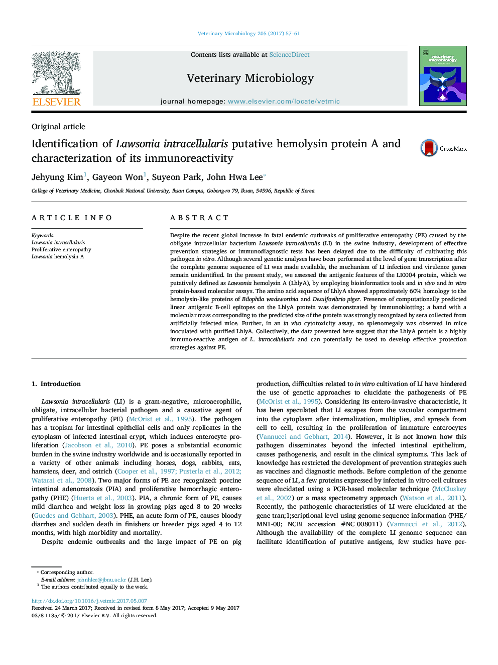 Identification of Lawsonia intracellularis putative hemolysin protein A and characterization of its immunoreactivity