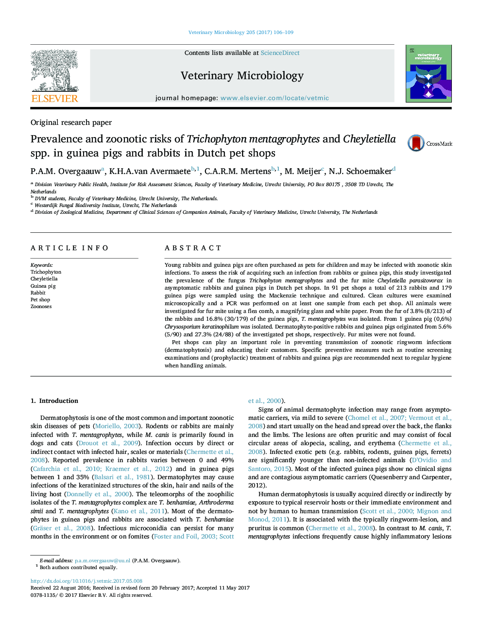 Prevalence and zoonotic risks of Trichophyton mentagrophytes and Cheyletiella spp. in guinea pigs and rabbits in Dutch pet shops