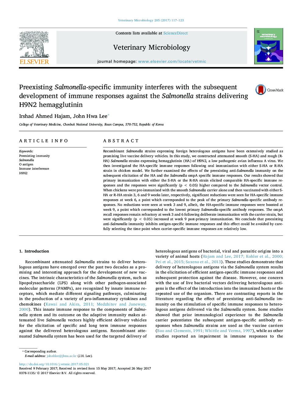 Preexisting Salmonella-specific immunity interferes with the subsequent development of immune responses against the Salmonella strains delivering H9N2 hemagglutinin