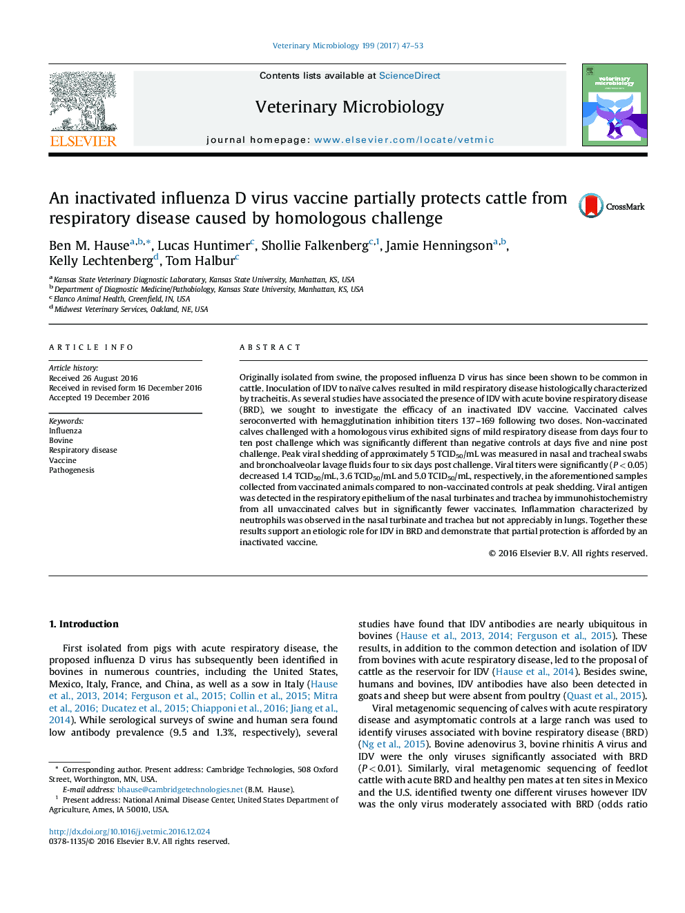 An inactivated influenza D virus vaccine partially protects cattle from respiratory disease caused by homologous challenge