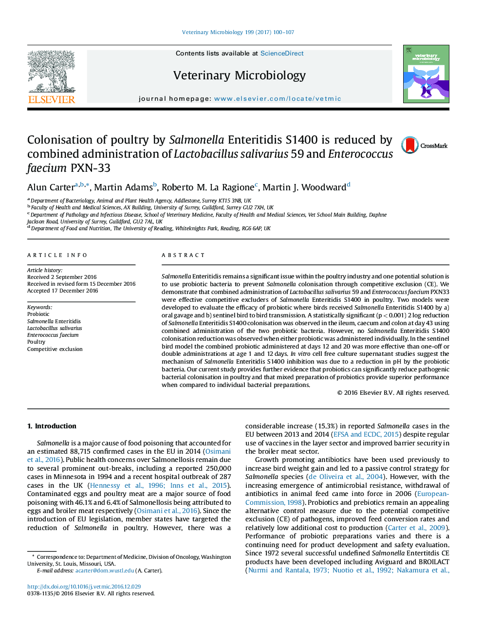 Colonisation of poultry by Salmonella Enteritidis S1400 is reduced by combined administration of Lactobacillus salivarius 59 and Enterococcus faecium PXN-33