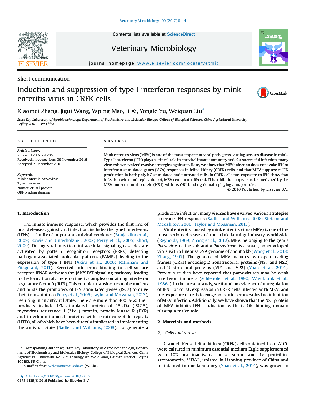 Induction and suppression of type I interferon responses by mink enteritis virus in CRFK cells