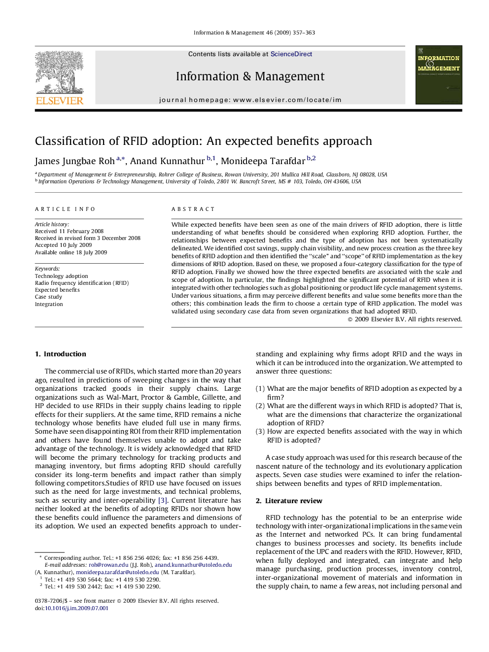 Classification of RFID adoption: An expected benefits approach