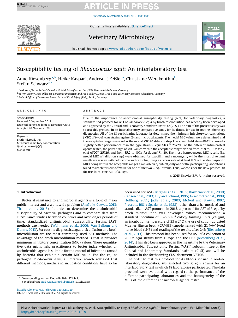 Susceptibility testing of Rhodococcus equi: An interlaboratory test