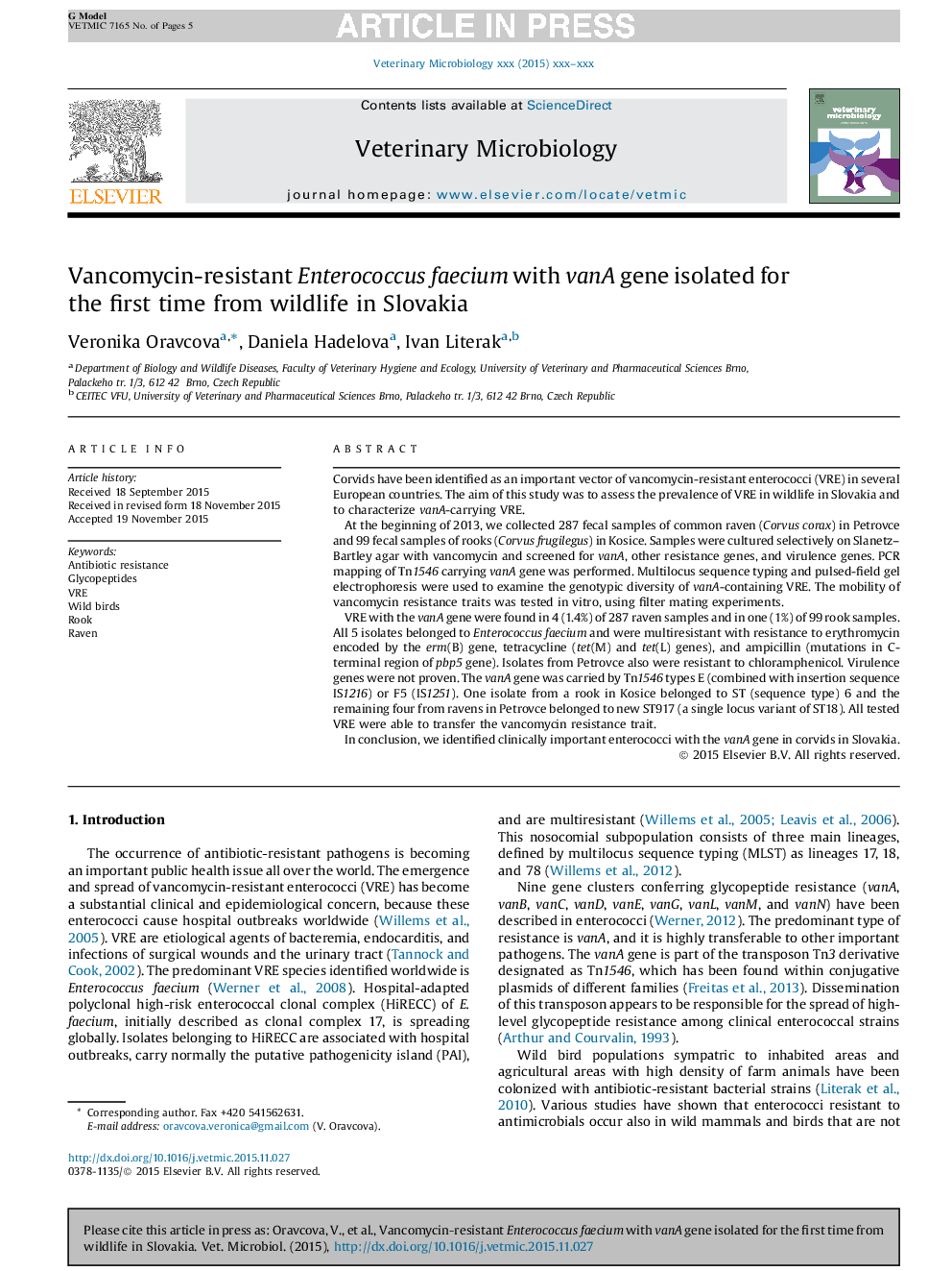 Vancomycin-resistant Enterococcus faecium with vanA gene isolated for the first time from wildlife in Slovakia