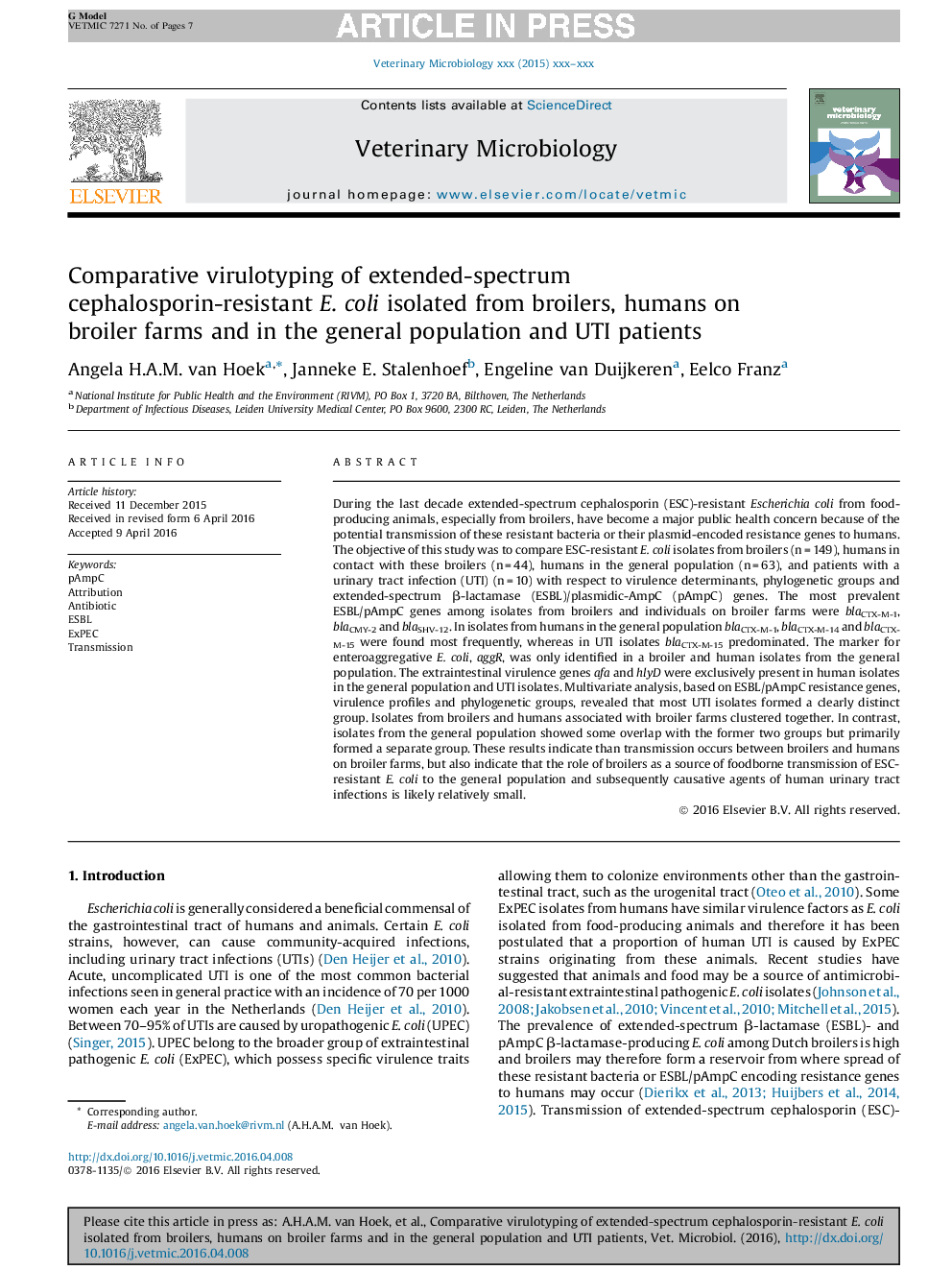 Comparative virulotyping of extended-spectrum cephalosporin-resistant E. coli isolated from broilers, humans on broiler farms and in the general population and UTI patients