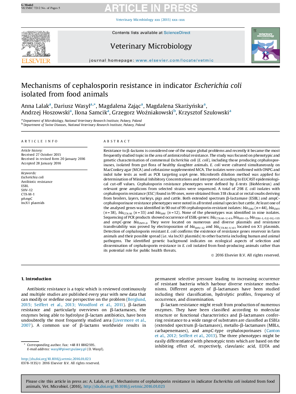 Mechanisms of cephalosporin resistance in indicator Escherichia coli isolated from food animals