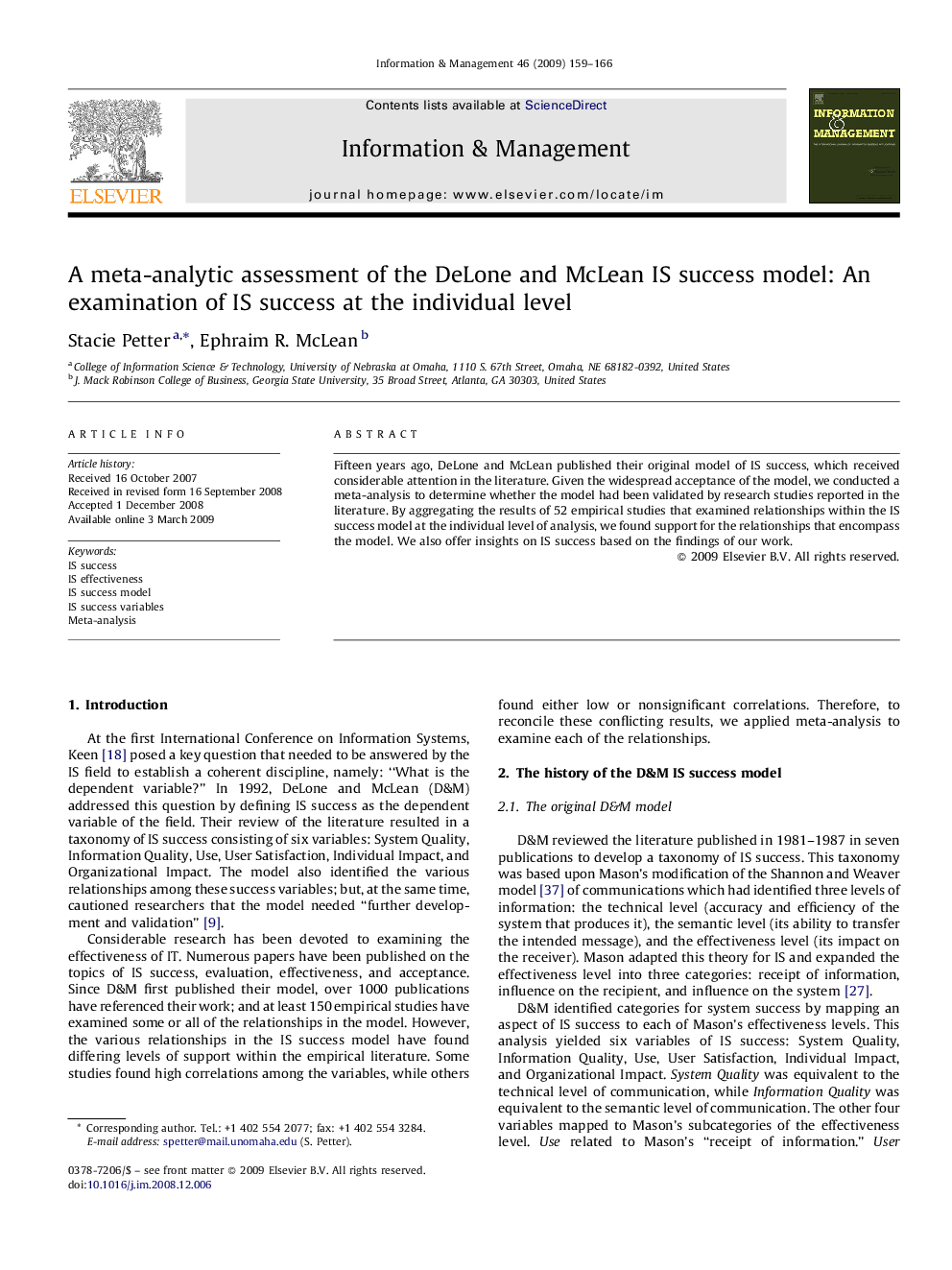 عکس صفحه اول مقاله: A meta-analytic assessment of the DeLone and McLean IS success model: An examination of IS success at the individual level A meta-analytic assessment of the DeLone and McLean IS success model: An examination of IS success at the individual level