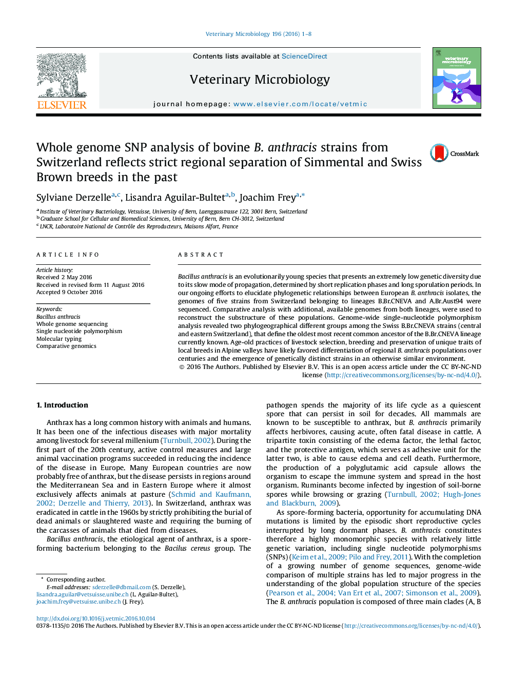 Whole genome SNP analysis of bovine B. anthracis strains from Switzerland reflects strict regional separation of Simmental and Swiss Brown breeds in the past